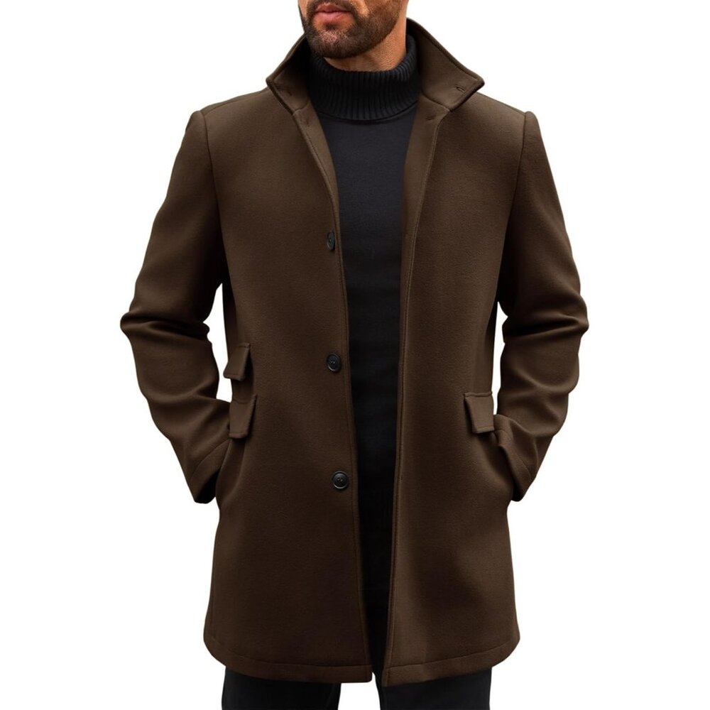 Men Coffee Pea Coats Single Breasted Stand Collar Casual Slim Fit Trench Coat